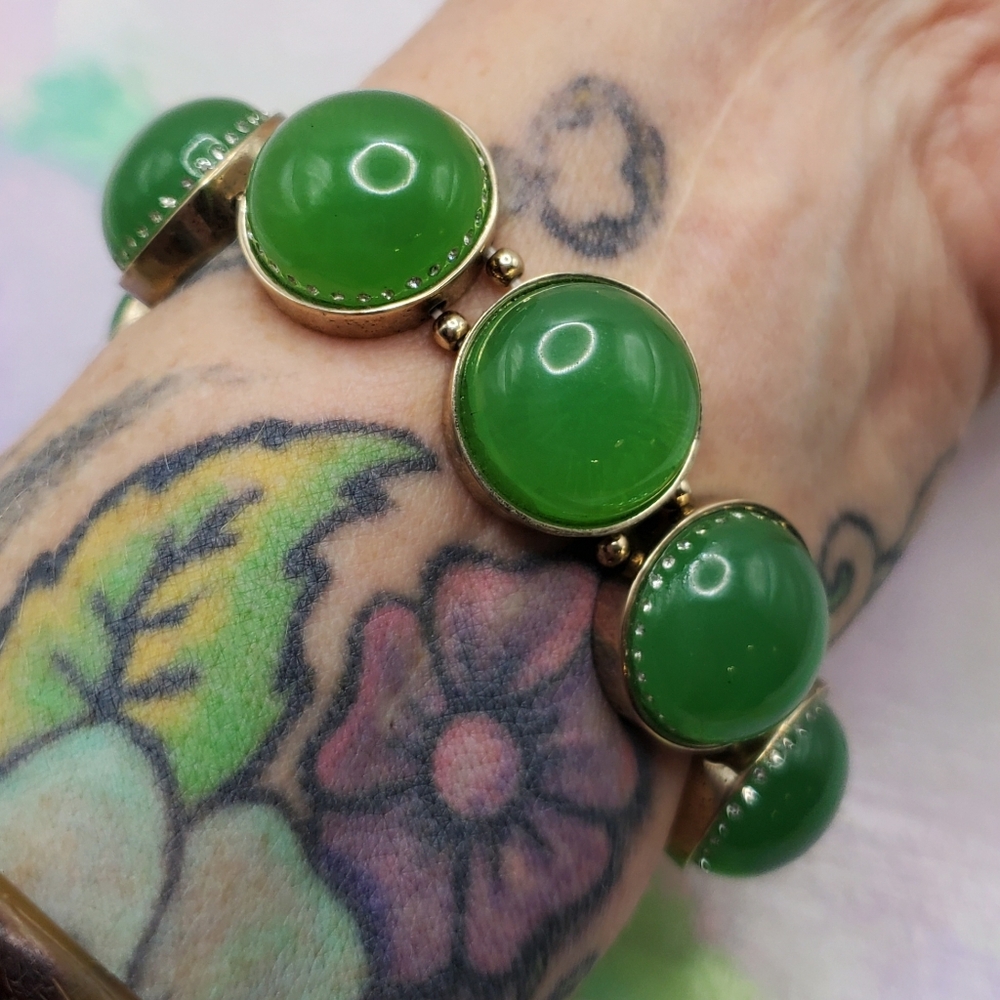 Retro Ann Taylor Bracelet Jade Green Glass Chunky Cabochons